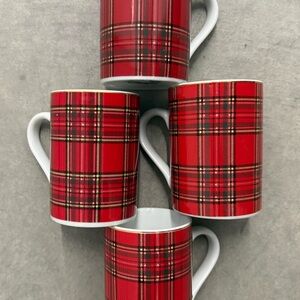 Set of 4 Pacific Rim Red Plaid Porcelain Christmas Mugs w/ Gold Trim  4” x 3”